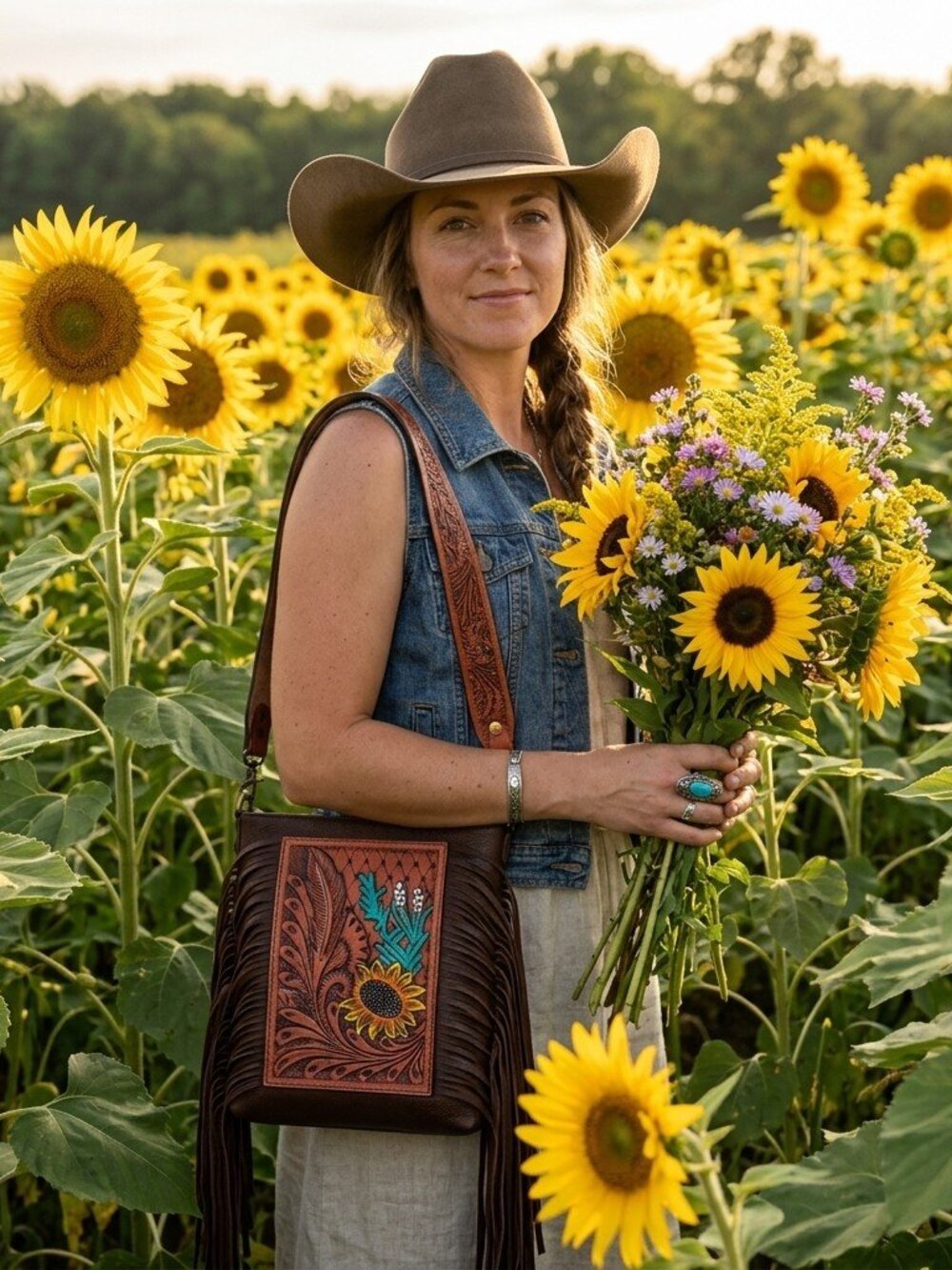 Sunflowers in the Desert Tooled Fringe Crossbody